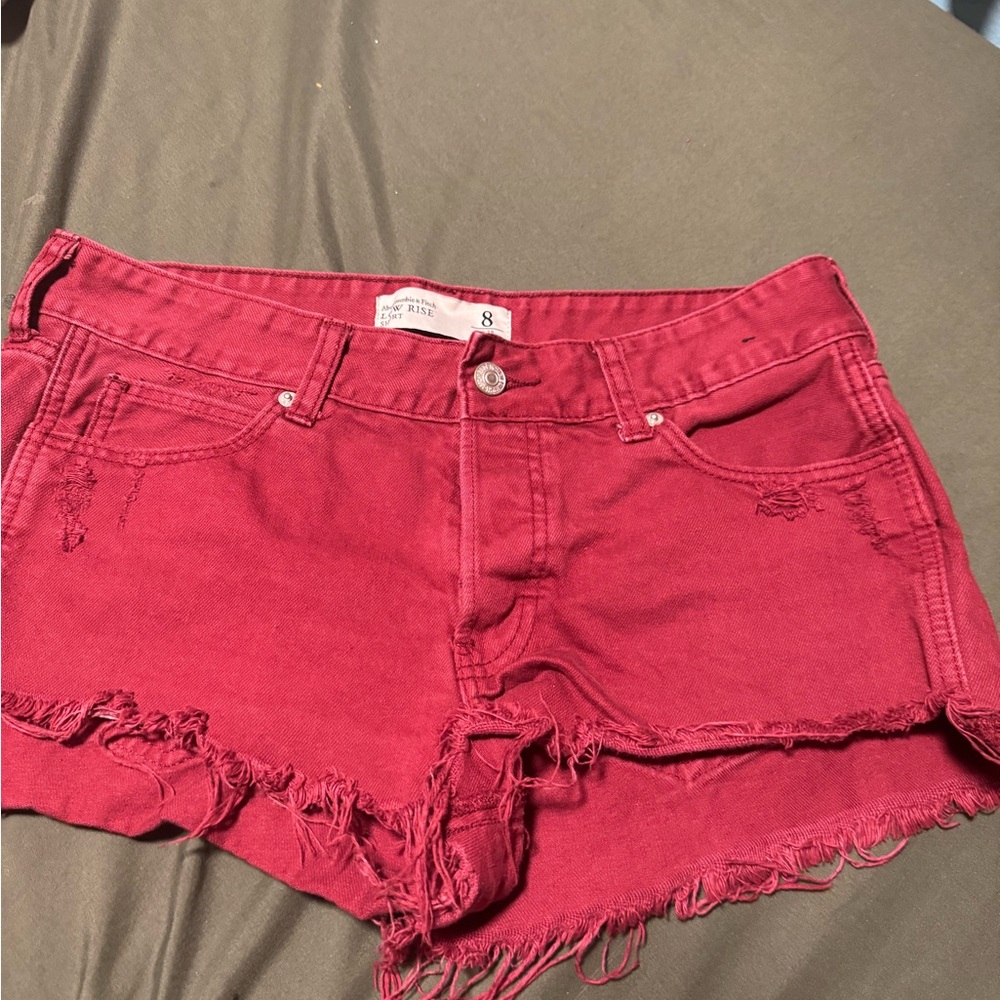 Abercrombie & Fitch Red Jean Shorts Distressed Raw-Edge